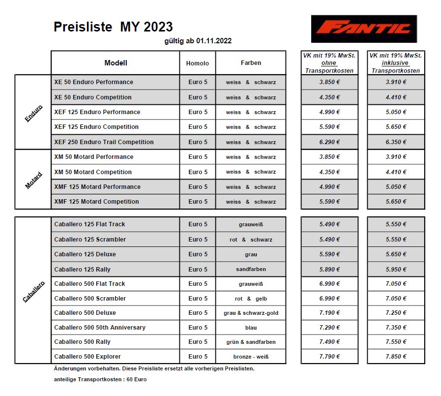 Preisliste 2022